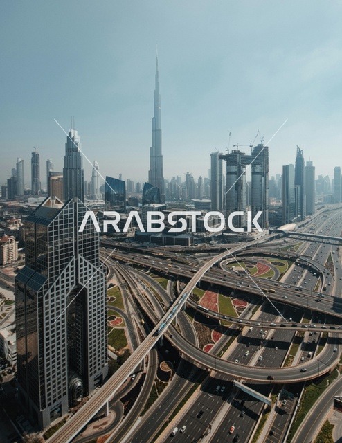 Burj Khalifa Dubai Skyline and Highway Interchange