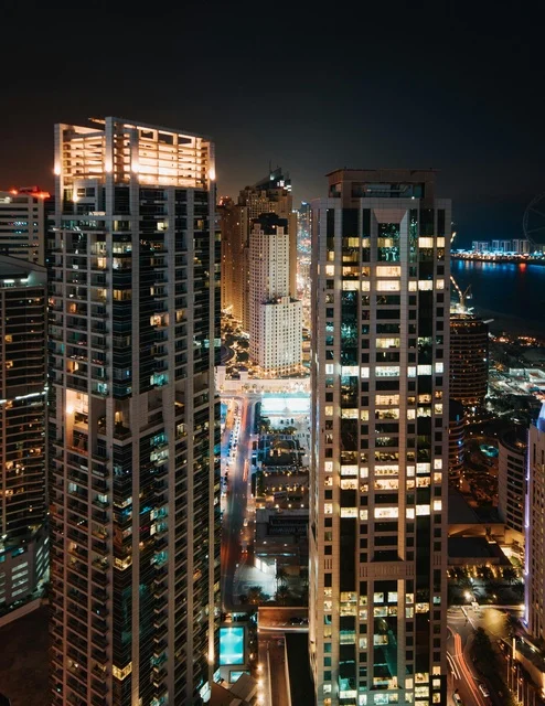 Dubai Marina Skyscrapers at Night in UAE Cityscape