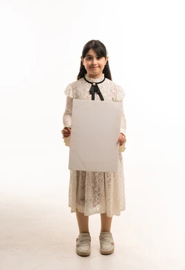 Saudi Girl Holding Blank Sign in White Dress Studio