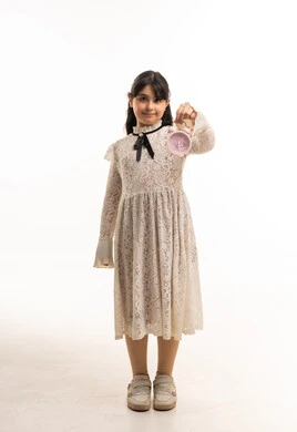 Saudi Girl with Pink Alarm Clock in White Lace Dress