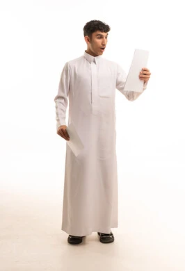 Surprised Saudi Man in White Thobe Holding Documents