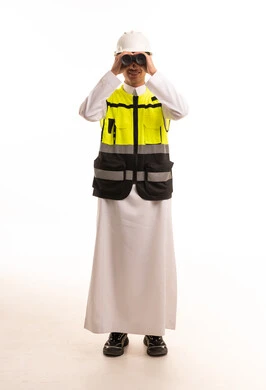 Saudi Engineer in Thobe with Binoculars on White Background