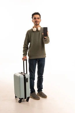 Saudi Man with Suitcase Holding Smartphone Screen