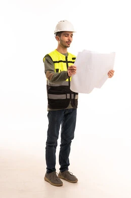 Arab Engineer Holding Blueprint on White Background