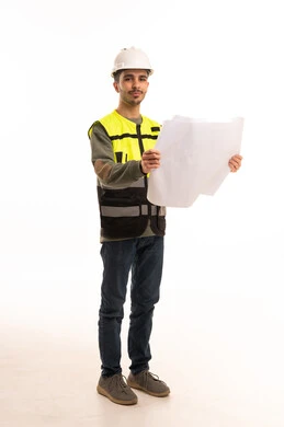 Arab Engineer Holding Blueprints on White Background