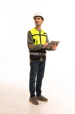 Middle Eastern Engineer with Tablet and Safety Gear