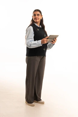 Arab Woman Holding Digital Tablet White Background