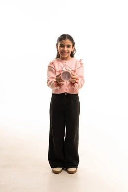 Saudi Girl Holding Pink Alarm Clock in White Studio