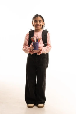 Arab Schoolgirl with Backpack and Colored Pencils