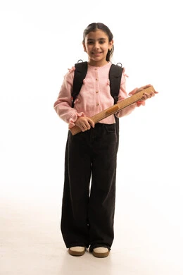 Arab Schoolgirl Holding Wooden Ruler with Backpack Studio