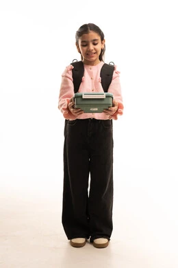 Arab Schoolgirl with Backpack and Lunchbox in Studio