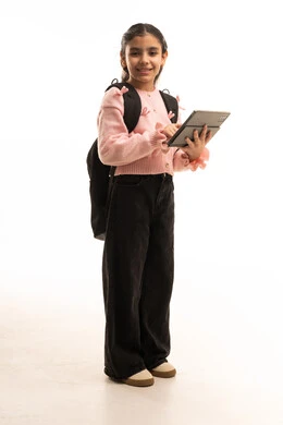 Saudi Girl Student with Tablet and Backpack in Studio