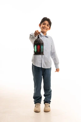 Arab Boy Holding Traditional Ramadan Lantern on White Background