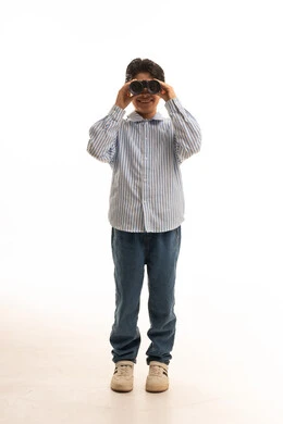 Saudi Boy Looking Through Binoculars on White Background