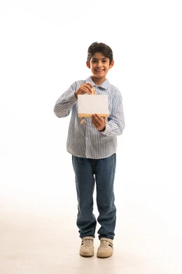 Arab Boy Holding Blank Canvas on Easel White Background