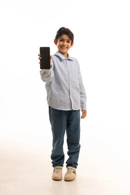 Arab Boy Holding Smartphone on White Background