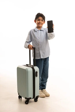 Arab Boy with Travel Suitcase and Smartphone Screen