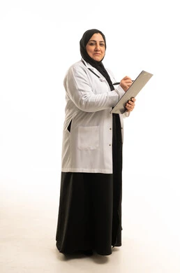 Saudi Female Doctor in White Lab Coat with Clipboard