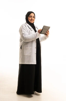 Arab Female Doctor with Tablet on White Background