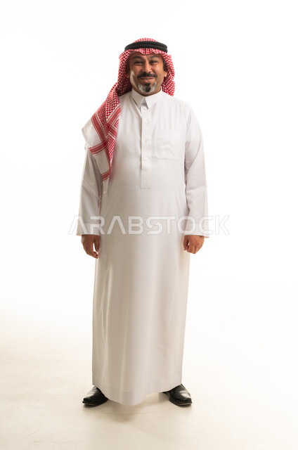 Saudi Man in Traditional White Thobe on White Background