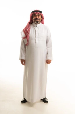 Saudi Man in Traditional White Thobe on White Background