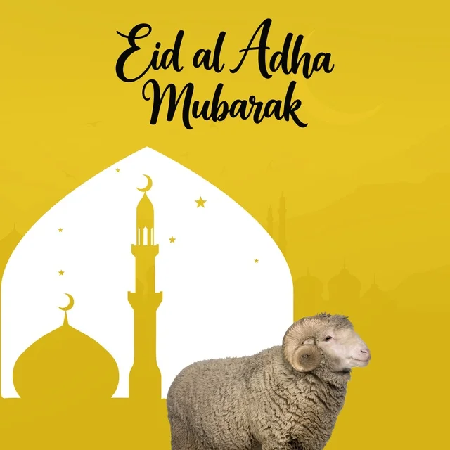 Eid al Adha Mubarak Greeting with Ram and Mosque Graphic