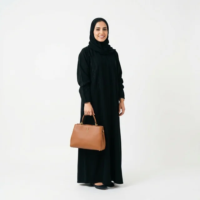 Arab Woman in Black Abaya Holding Brown Handbag Studio