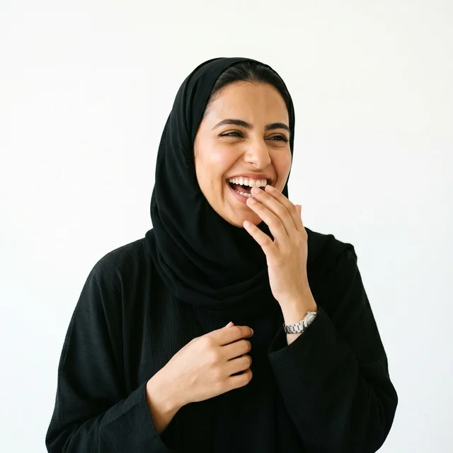 امرأة عربية شابة بالعباءة السوداء تضحك بخلفية بيضاء