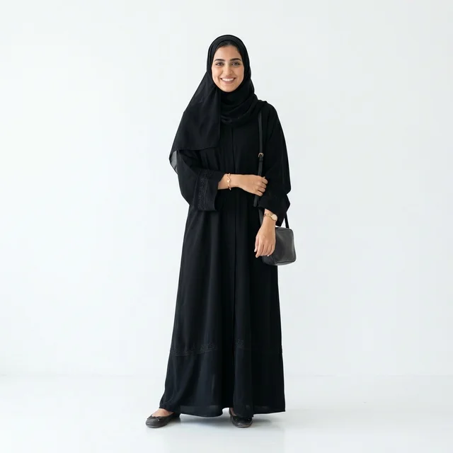امرأة عربية بالعباءة السوداء على خلفية بيضاء