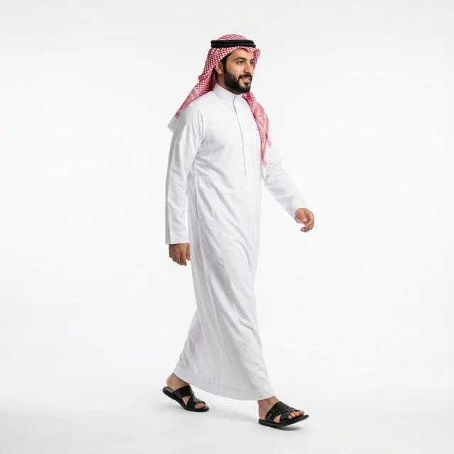 رجل سعودي يمشي بالثوب التقليدي السعودي خلفية بيضاء رجل سعودي يمشي بالثوب التقليدي السعودي خلفية بيضاء