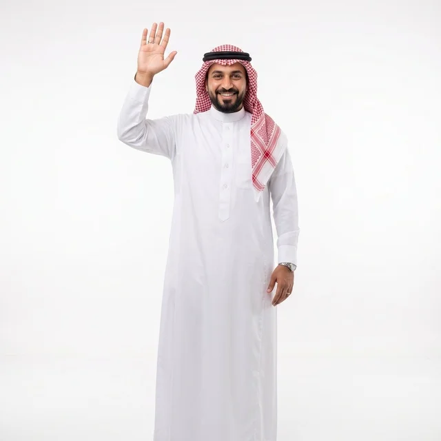 Smiling Saudi Man Waving Hand on Plain White Background
