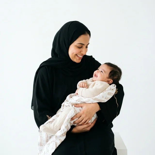 Arab Mother Holding Smiling Infant White Background