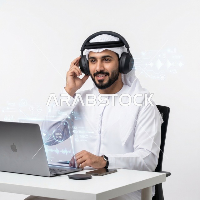 رجل أعمال عربي يستخدم المحمول مع هولوغرام رقمي