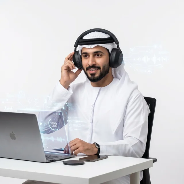 Arab Businessman Using Laptop with Digital Hologram