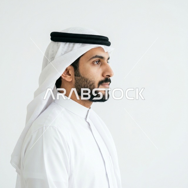 رجل عربي بالثوب والغترة التقليدية لقطة جانبية