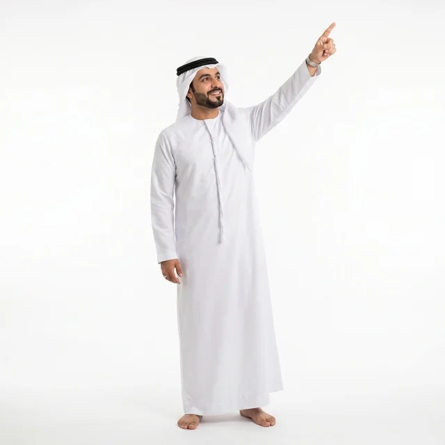 Emirati Man in Traditional Kandura Pointing Upwards