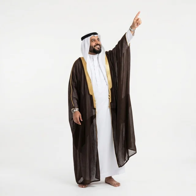 Arab Man in Traditional Bisht Pointing Upwards on White