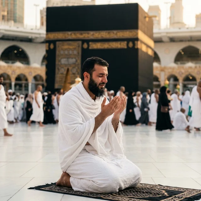 Muslim Pilgrim at Kaaba Mecca Making Dua Supplication