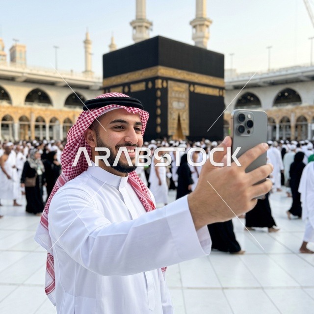 رجل سعودي يلتقط صورة سيلفي أمام الكعبة في المسجد الحرام
