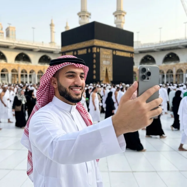 Saudi Man Taking Selfie at Holy Kaaba Masjid al-Haram
