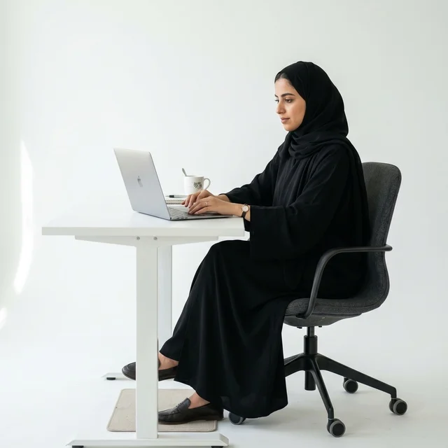 Arab Woman Working on Laptop in Minimalist Office