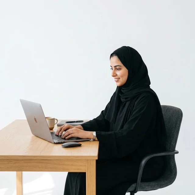 Arab Woman Wearing Abaya Working on Laptop in Modern Office