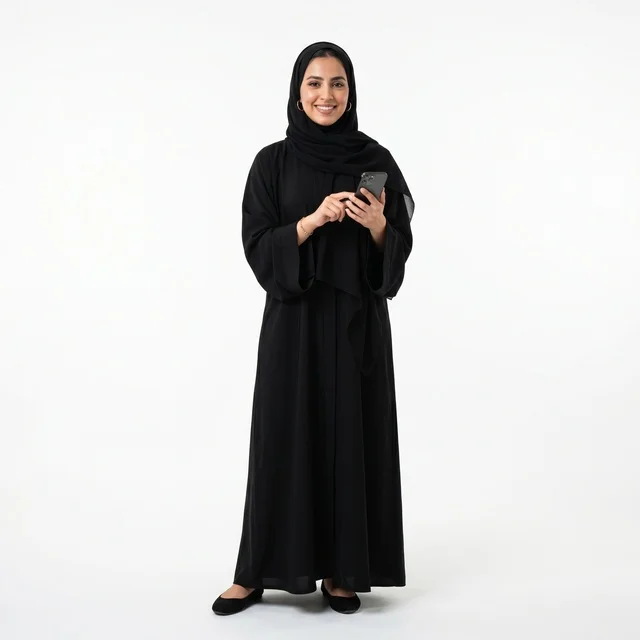 Arab Woman in Black Abaya Using Smartphone in Studio