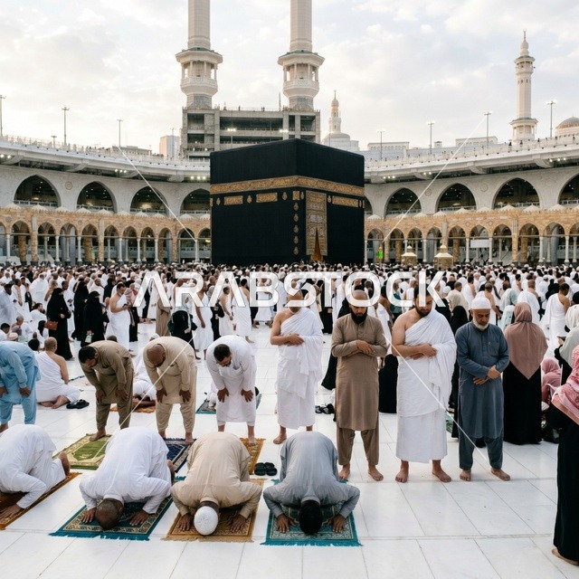 حجاج ومصلون أمام الكعبة المشرفة في المسجد الحرام بمكة