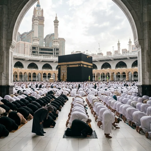 حجاج مسلمون يصلون أمام الكعبة في مكة المكرمة