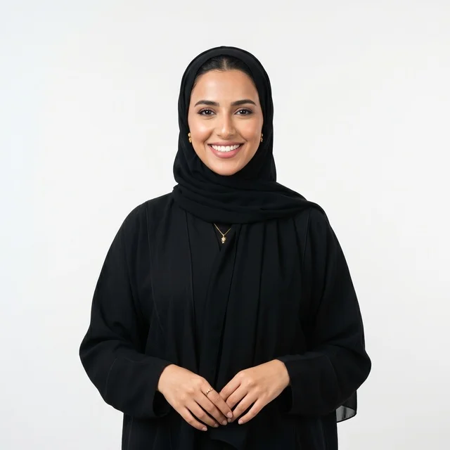 Smiling Arab Woman in Black Abaya Studio Portrait