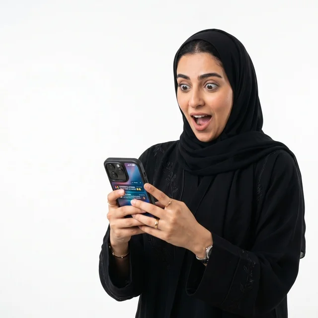 امرأة عربية مندهشة بالعباءة تنظر إلى هاتف ذكي امرأة عربية مندهشة بالعباءة تنظر إلى هاتف ذكي