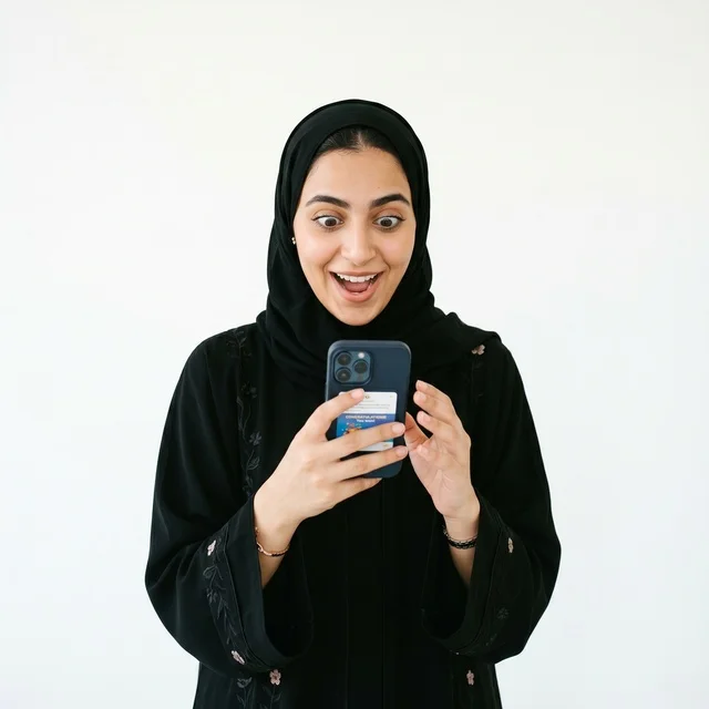 Surprised Arab Woman with Smartphone on White Background