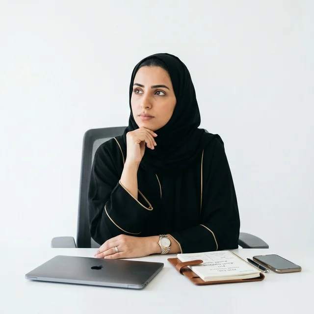 سيدة أعمال عربية في المكتب تفكر مع كمبيوتر محمول