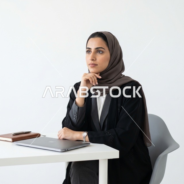 Arab Professional Woman in Hijab Thinking at Office Desk - Photo